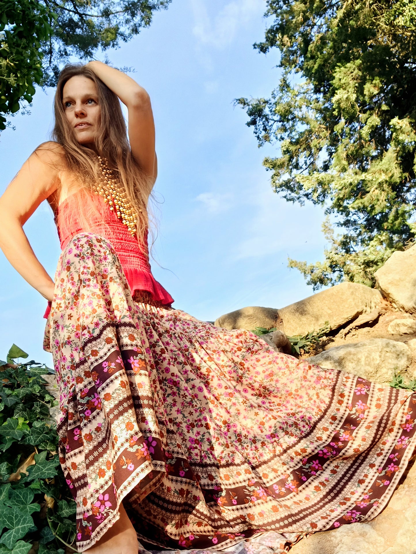 BOHO MAXI SUKNĚ BÉŽOVÁ S BORDUROU