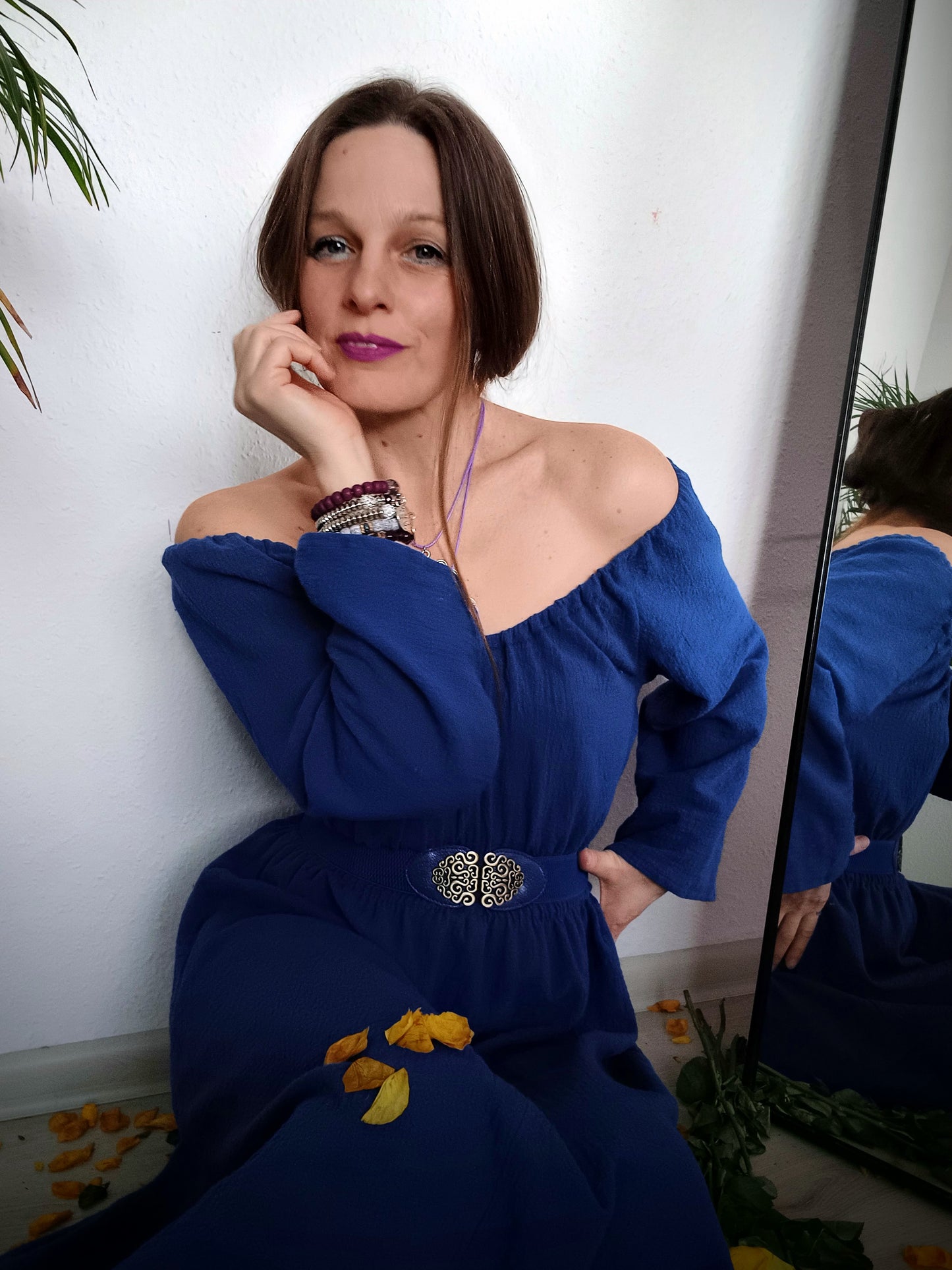 MAXI ŠATY MĚKČENÝ LEN KRÁLOVSKÁ MODRÁ S OPASKEM
