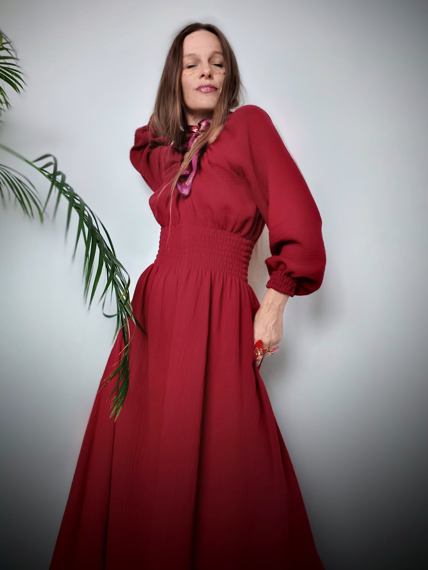 RED WINE MAXI ŠATY MUŠELÍN ORGANIC
