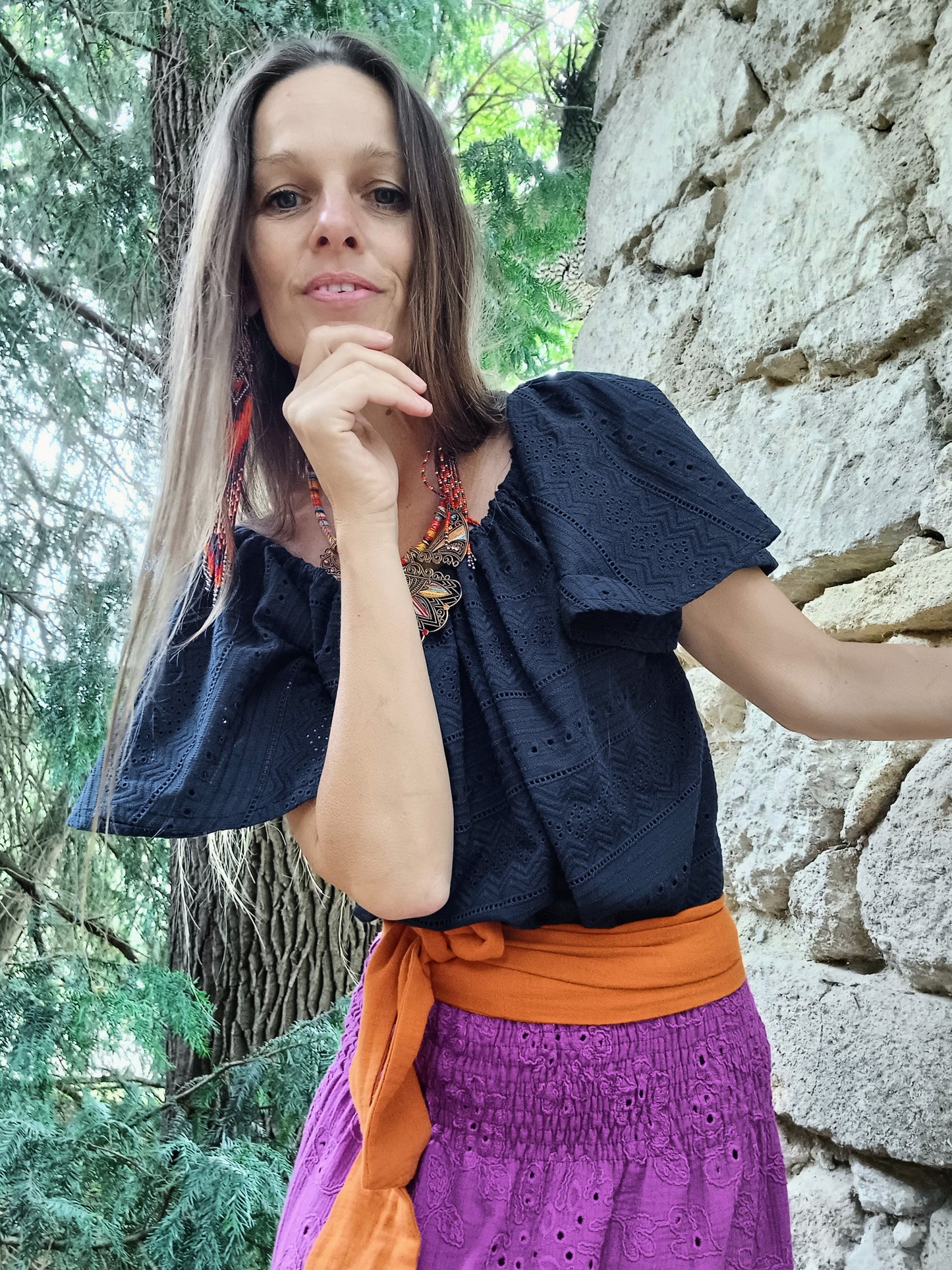 HALENKA MADEIRA TMAVŠÍ MODRÁ S ROZEVLÁTÝM RUKÁVEM
