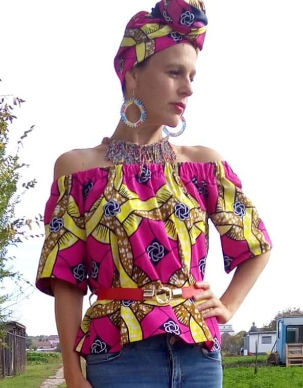 Růžová halenka /blouse /z africké látky s páskem
