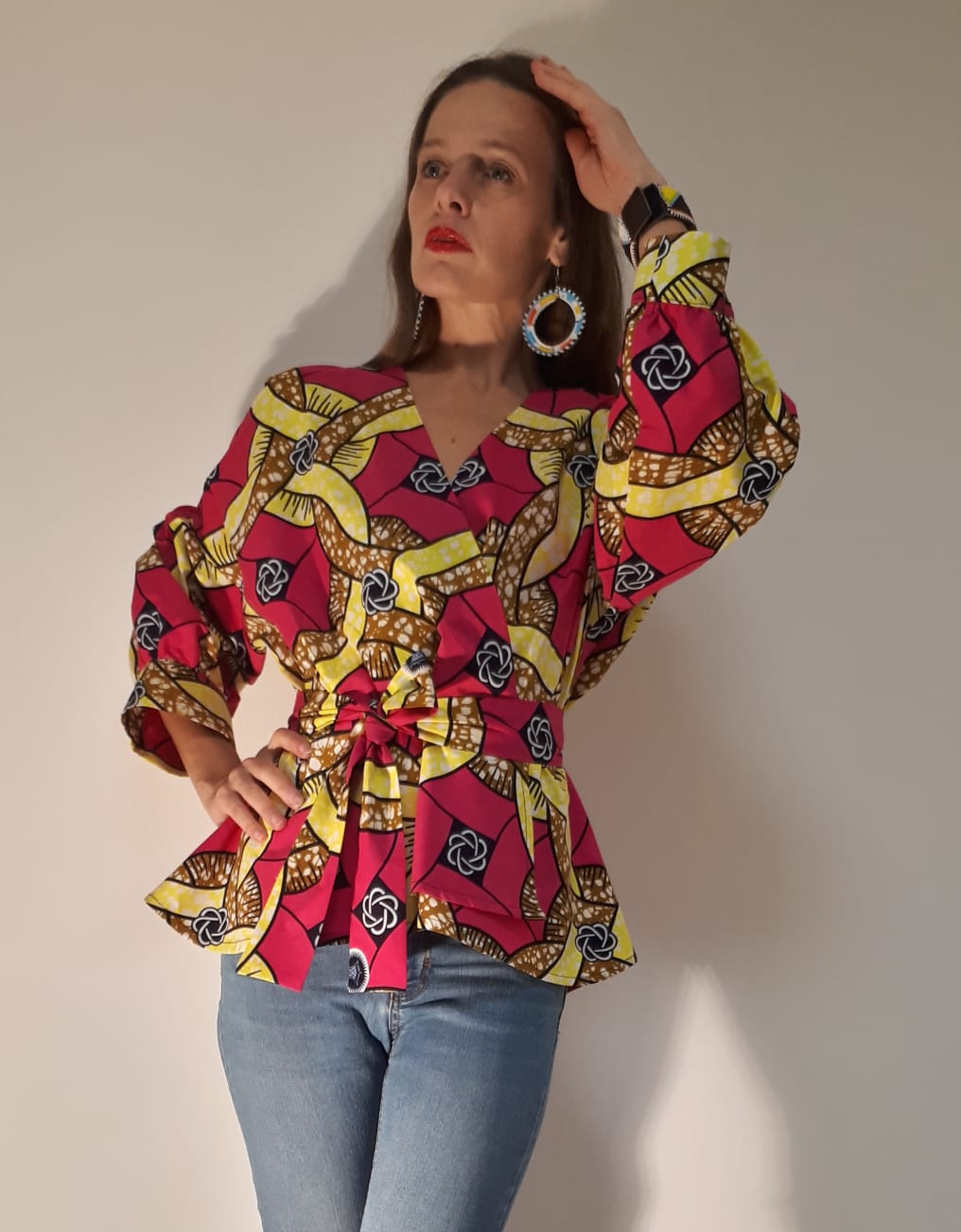 Africká halenka/blouse/ půvabná růžová se žlutou