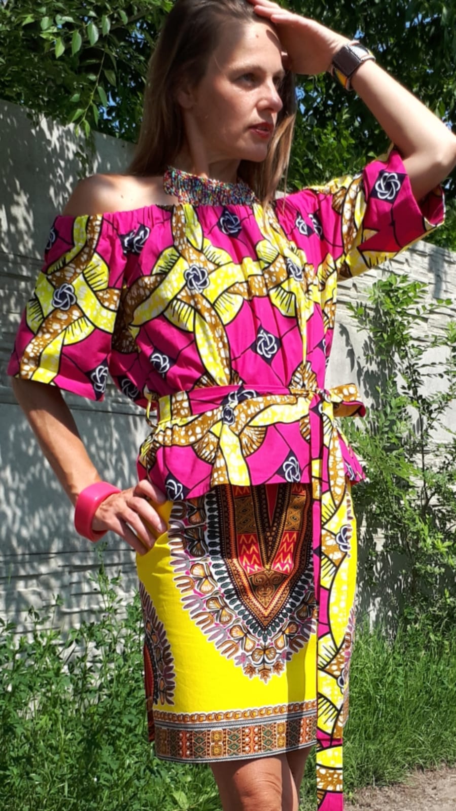 Růžová halenka /blouse /z africké látky s páskem