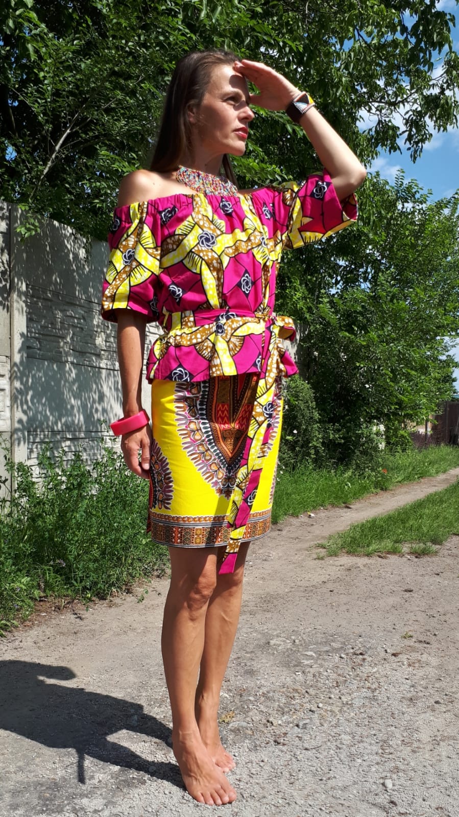 Růžová halenka /blouse /z africké látky s páskem
