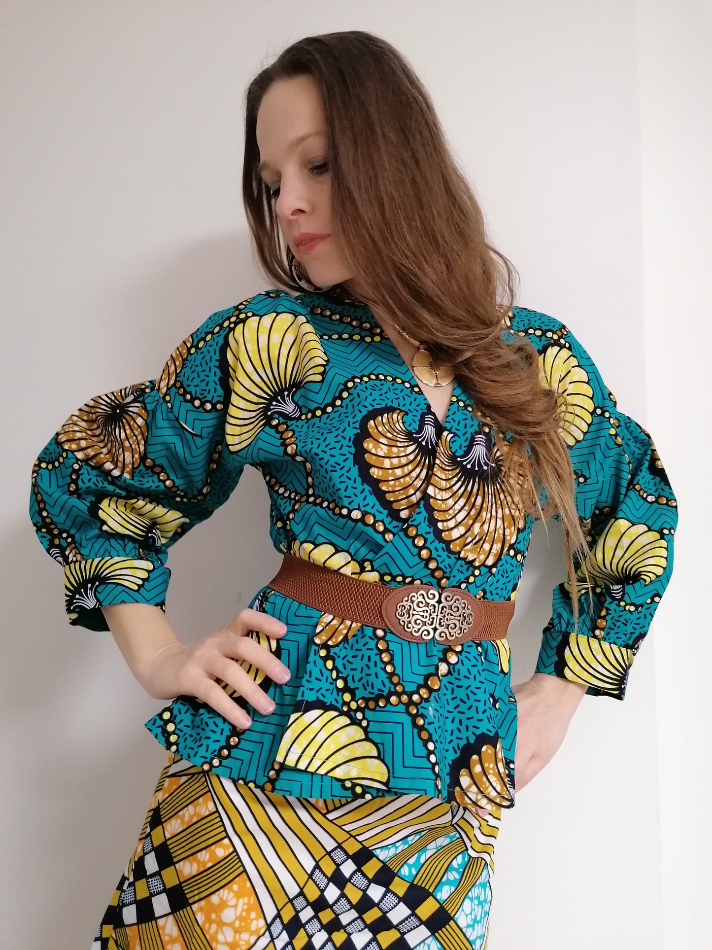 Africká halenka/blouse/ tyrkysová