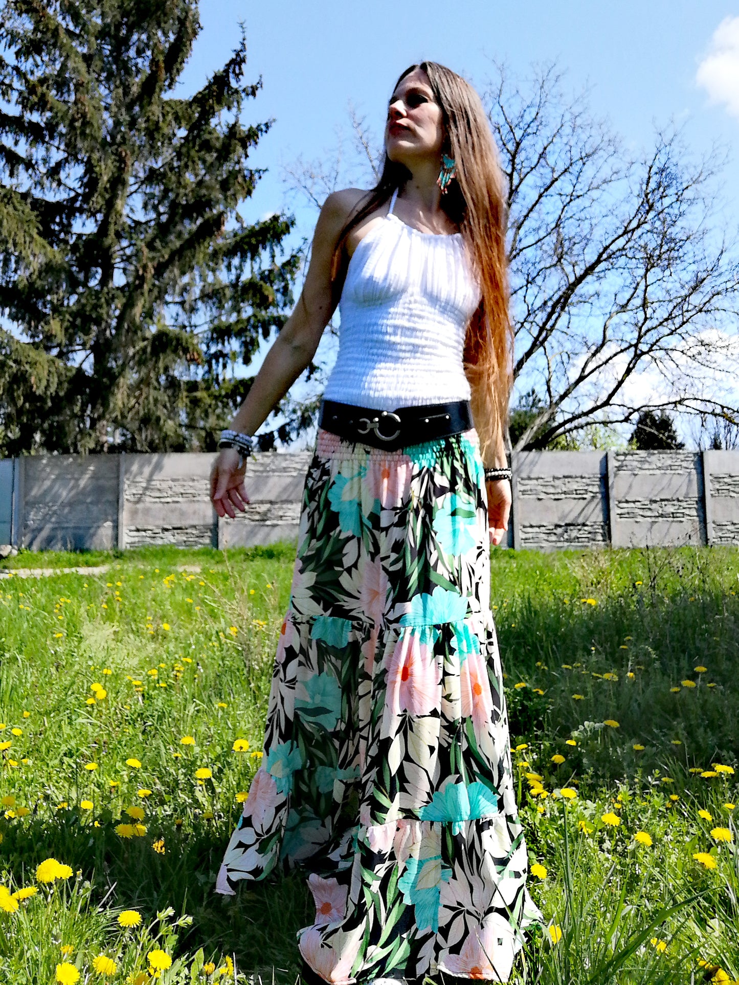 Kaskádovitá maxi sukně květy