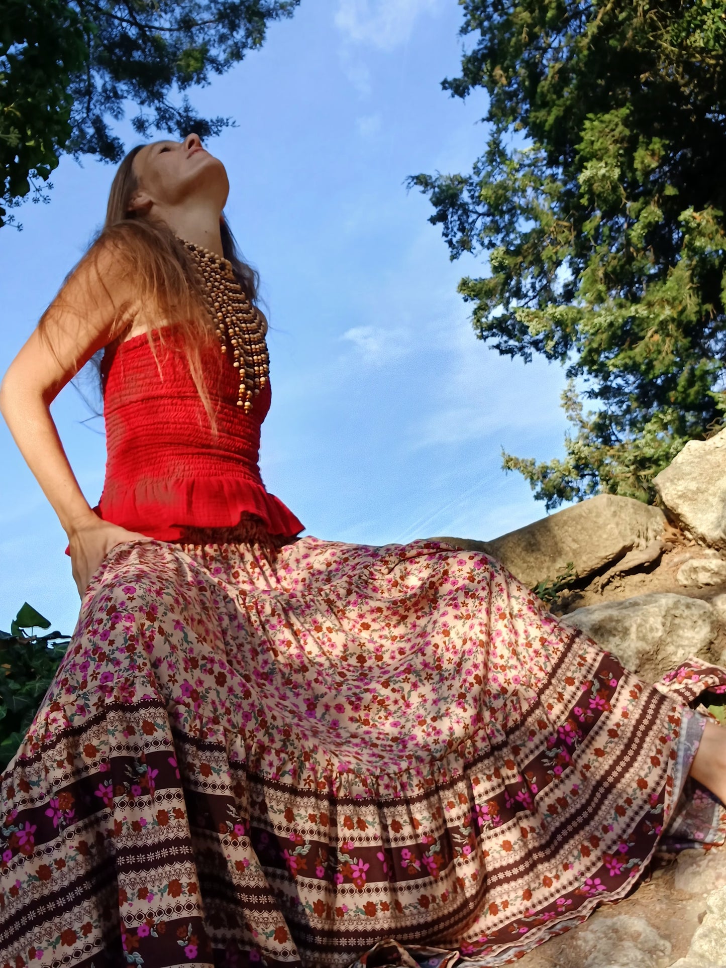 BOHO MAXI SUKNĚ BÉŽOVÁ S BORDUROU