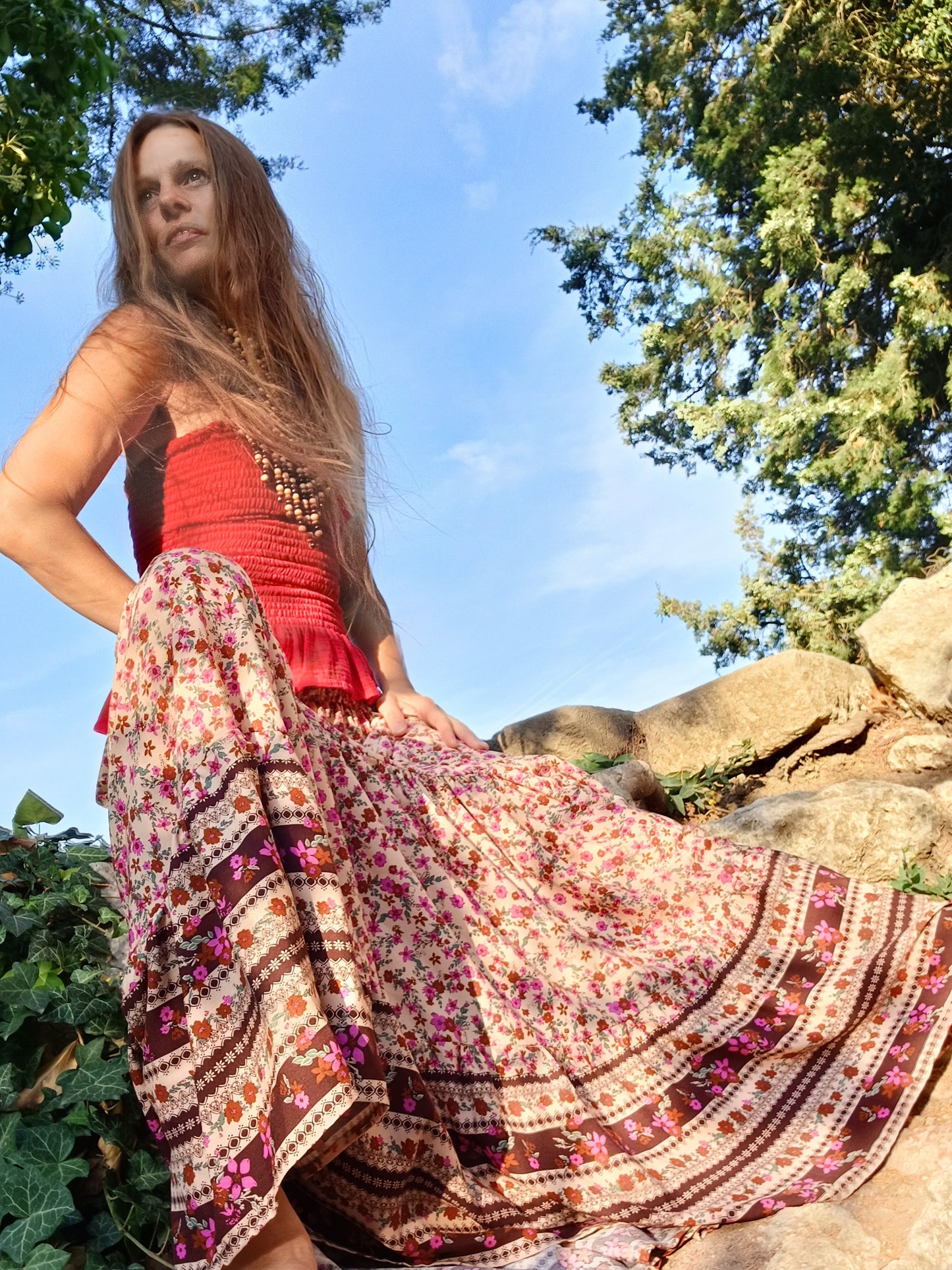 BOHO MAXI SUKNĚ BÉŽOVÁ S BORDUROU