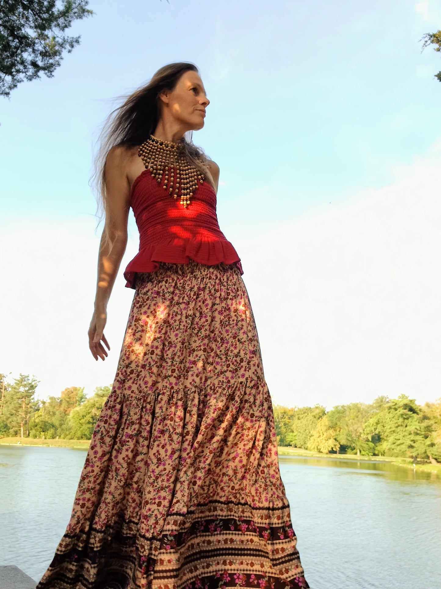 BOHO MAXI SUKNĚ BÉŽOVÁ S BORDUROU