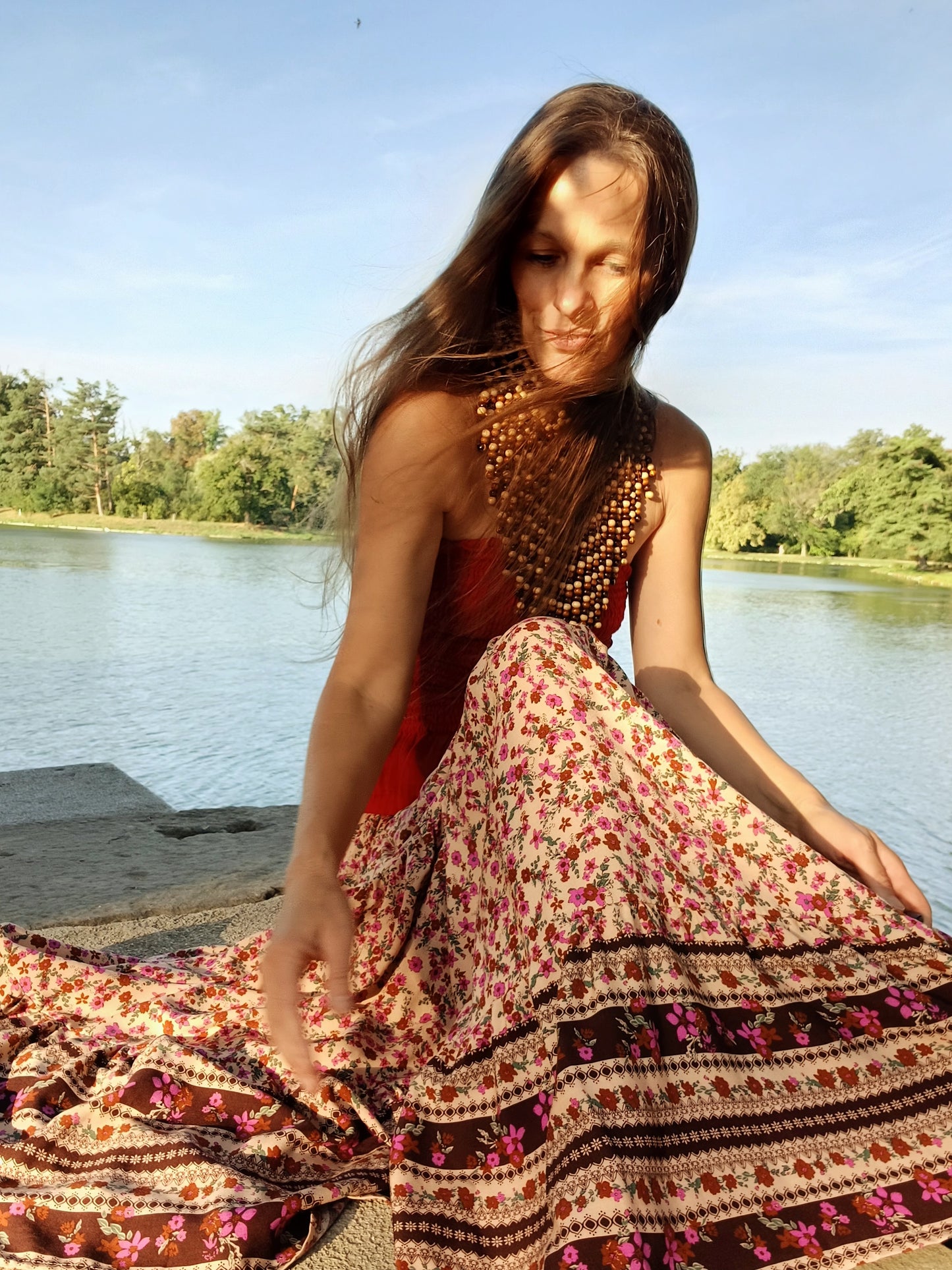 BOHO MAXI SUKNĚ BÉŽOVÁ S BORDUROU