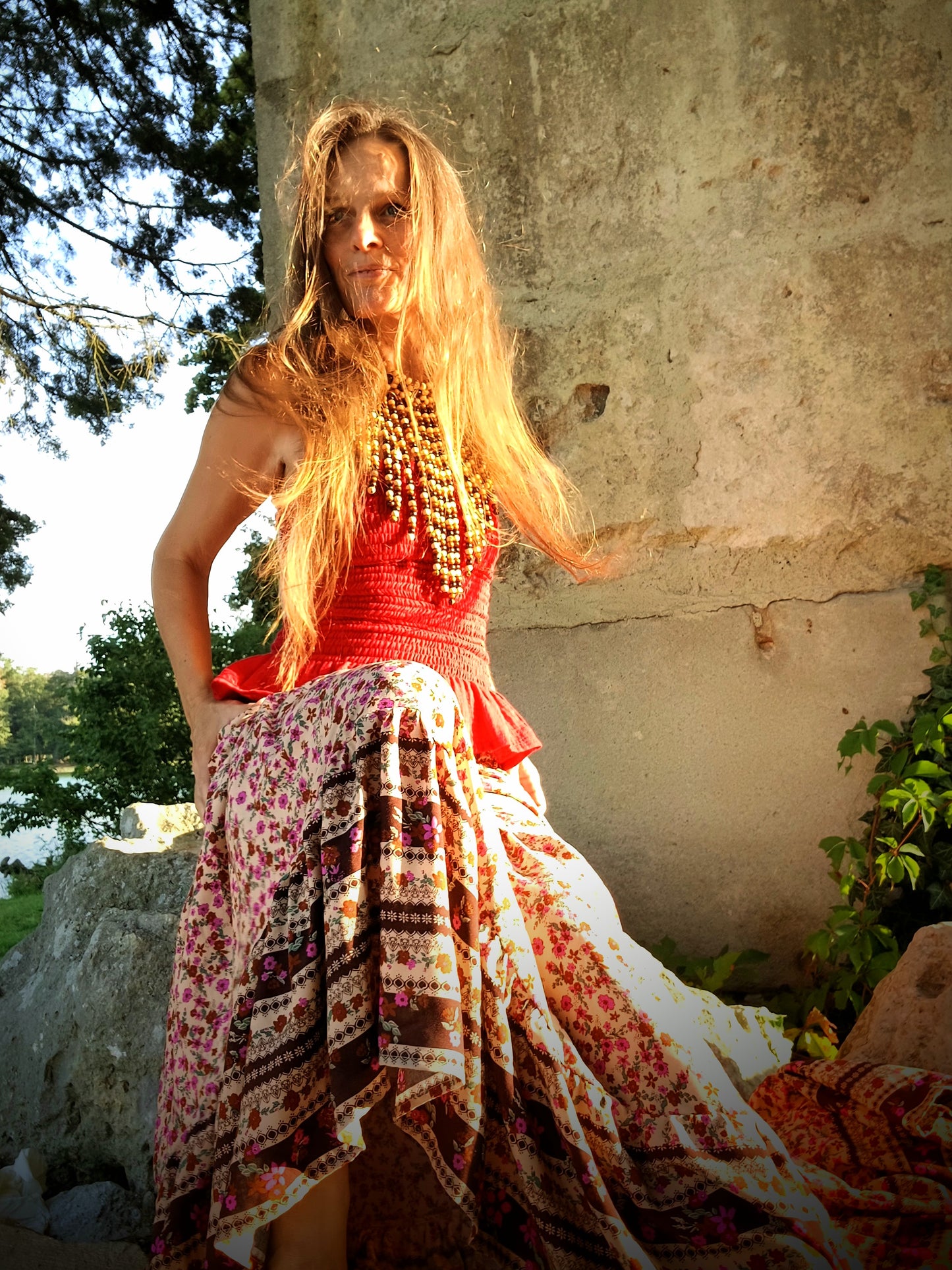 BOHO MAXI SUKNĚ BÉŽOVÁ S BORDUROU