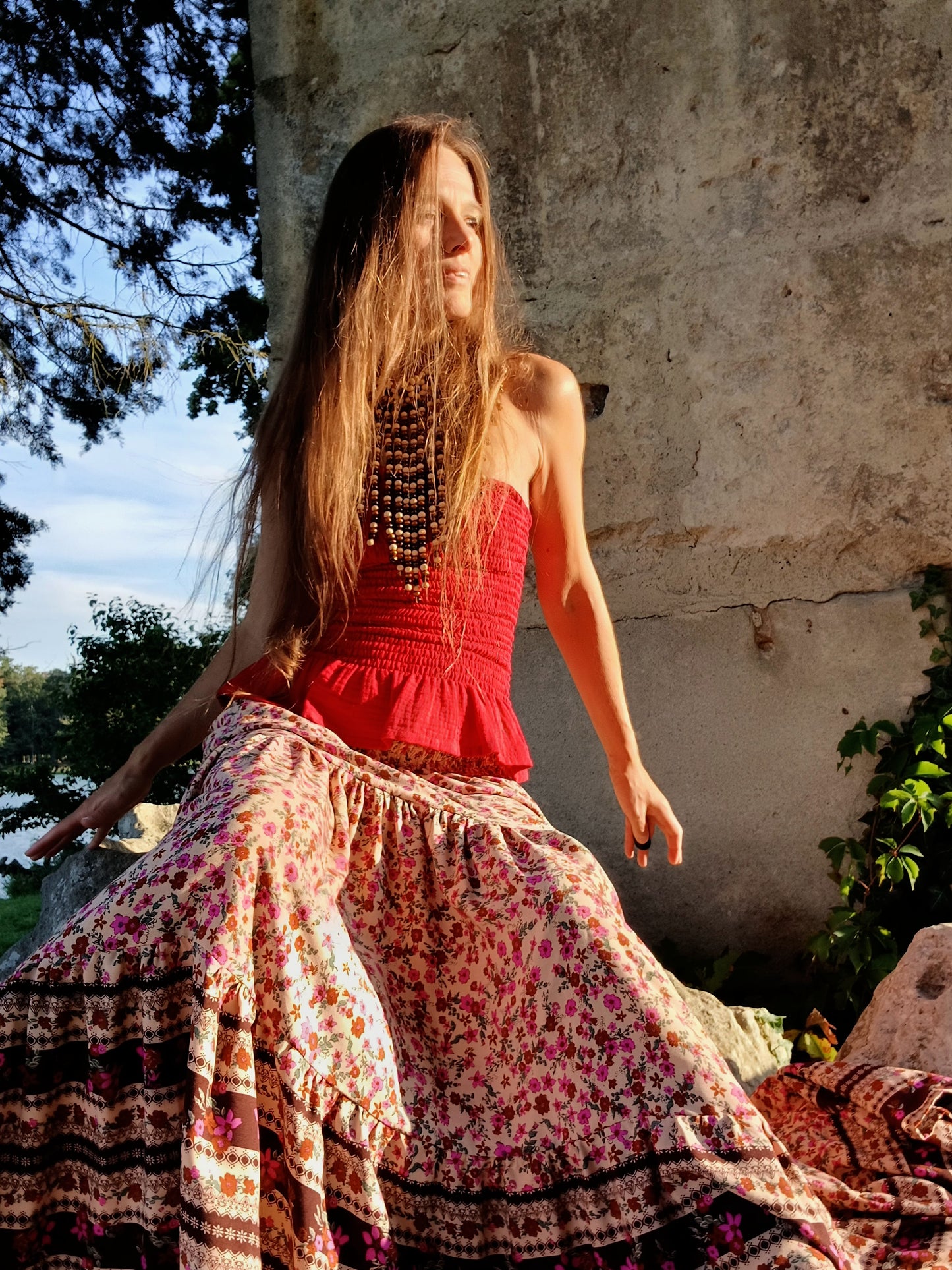 BOHO MAXI SUKNĚ BÉŽOVÁ S BORDUROU