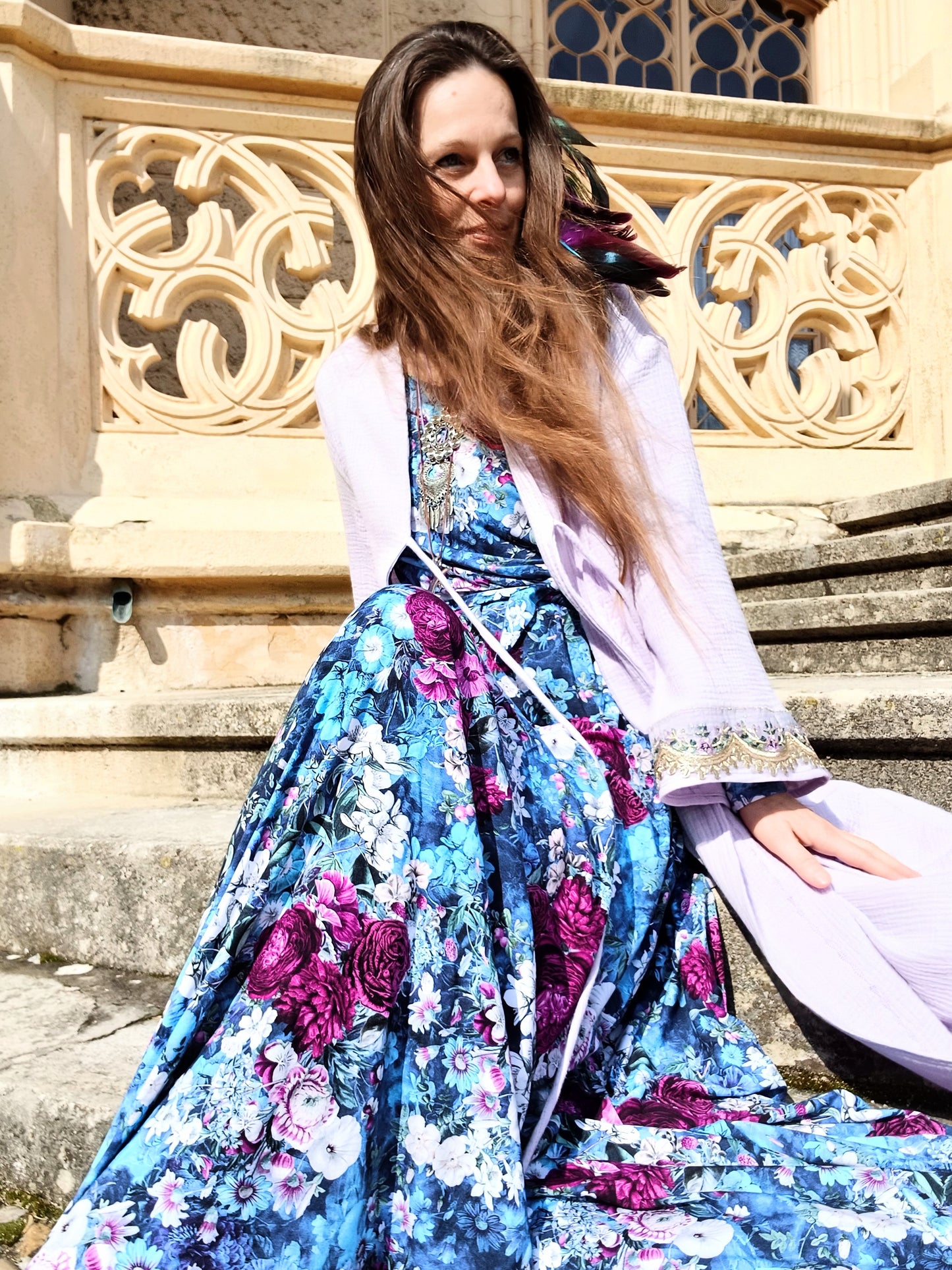 STYLOVÝ BOHO MUŠELÍNOVÝ KABÁTEK S BORDUROU NA RUKÁVECH
