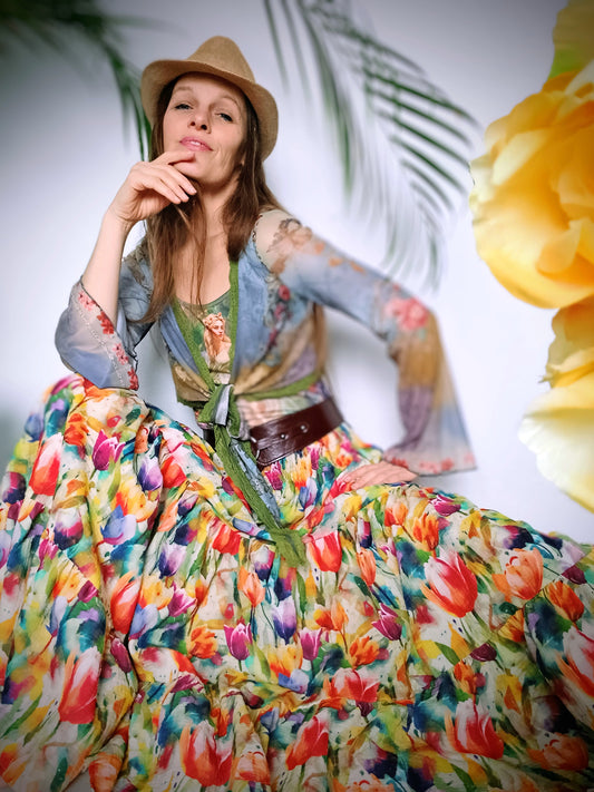 MAXI SUKNĚ MUŠELÍNOVÁ TULIPÁNY