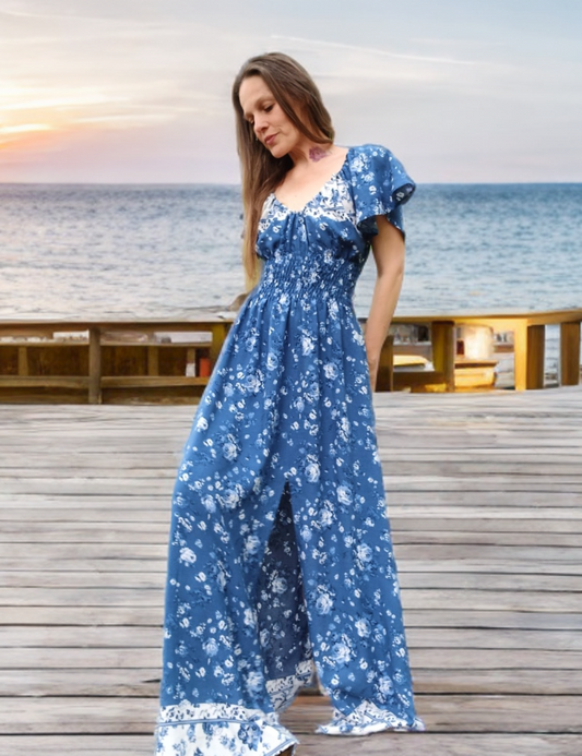 BOHO BLUE MAXI ŠATY S PŘEKRASNÝM DESIGNEM A  BORDUROU