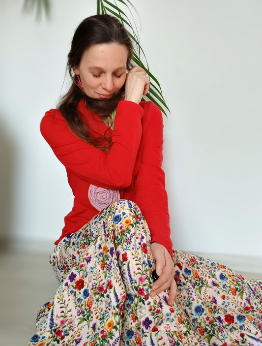 MAXI SUKNĚ KASKÁDOVITÁ MUŠELÍNOVÁ KVĚTINY SYTÉ