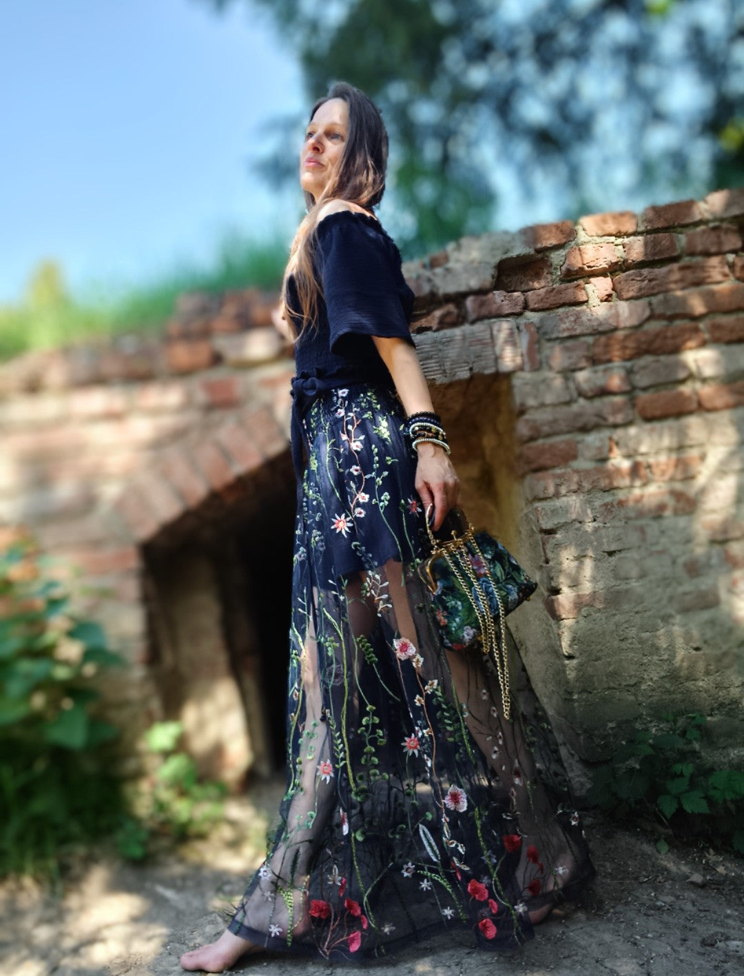 STYLOVÁ ÚCHVATNÁ SUKNĚ PŮLNOČNÍ MODRÁ S VÝŠIVKOU