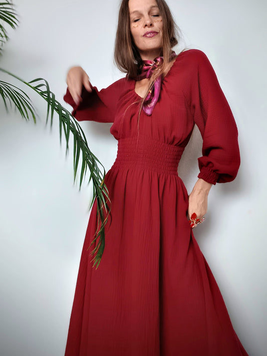 RED WINE MAXI ŠATY MUŠELÍN ORGANIC