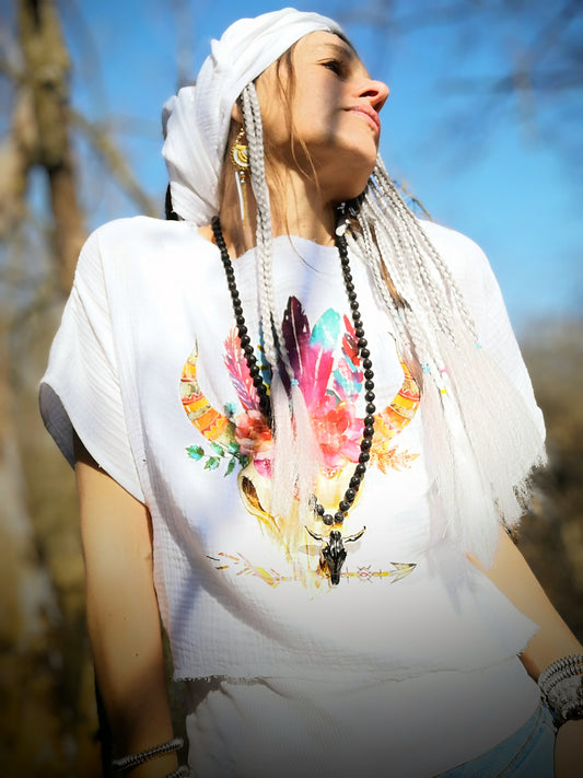 Top boho mušelínový s býčí hlavou