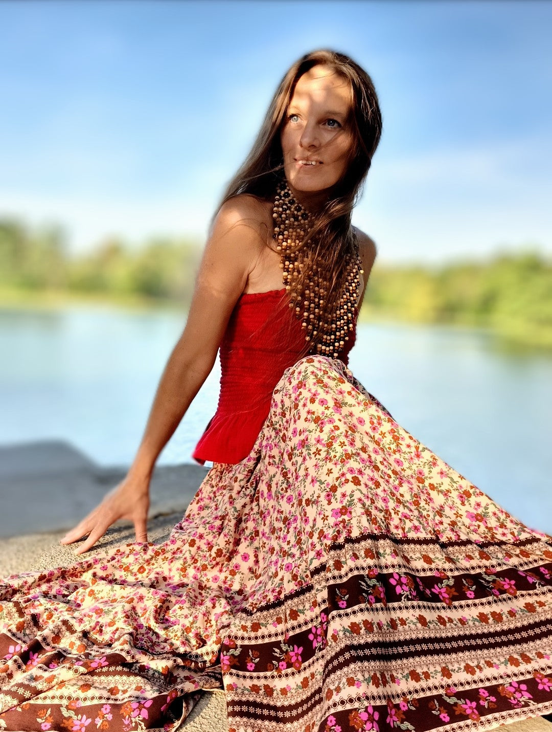 BOHO MAXI SUKNĚ BÉŽOVÁ S BORDUROU