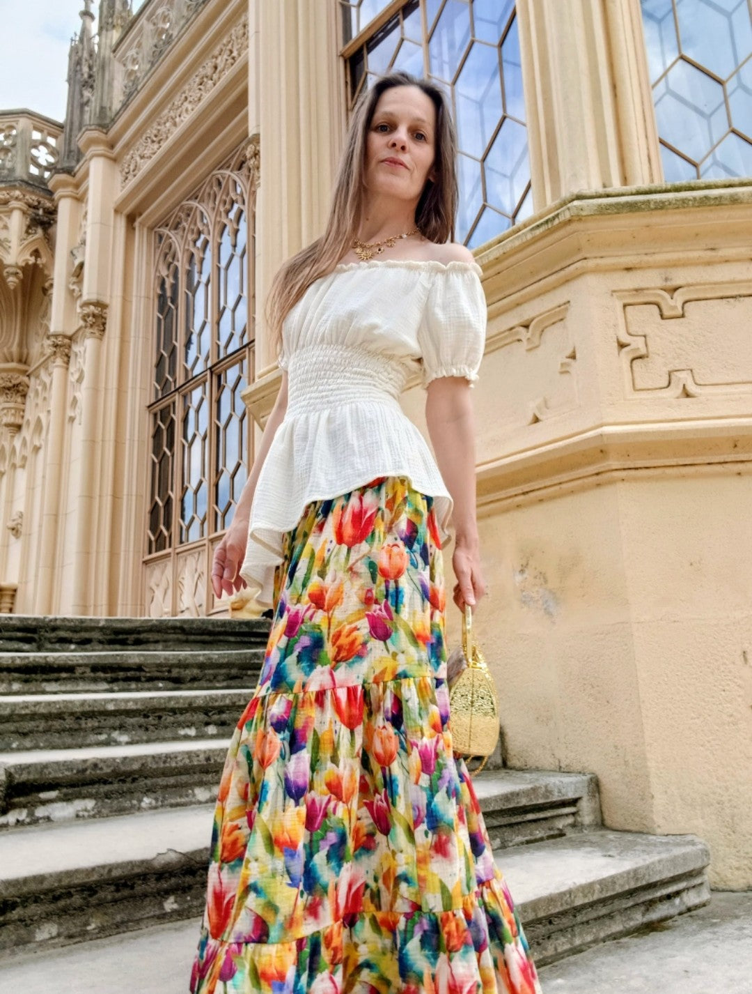 MAXI SUKNĚ MUŠELÍNOVÁ TULIPÁNY