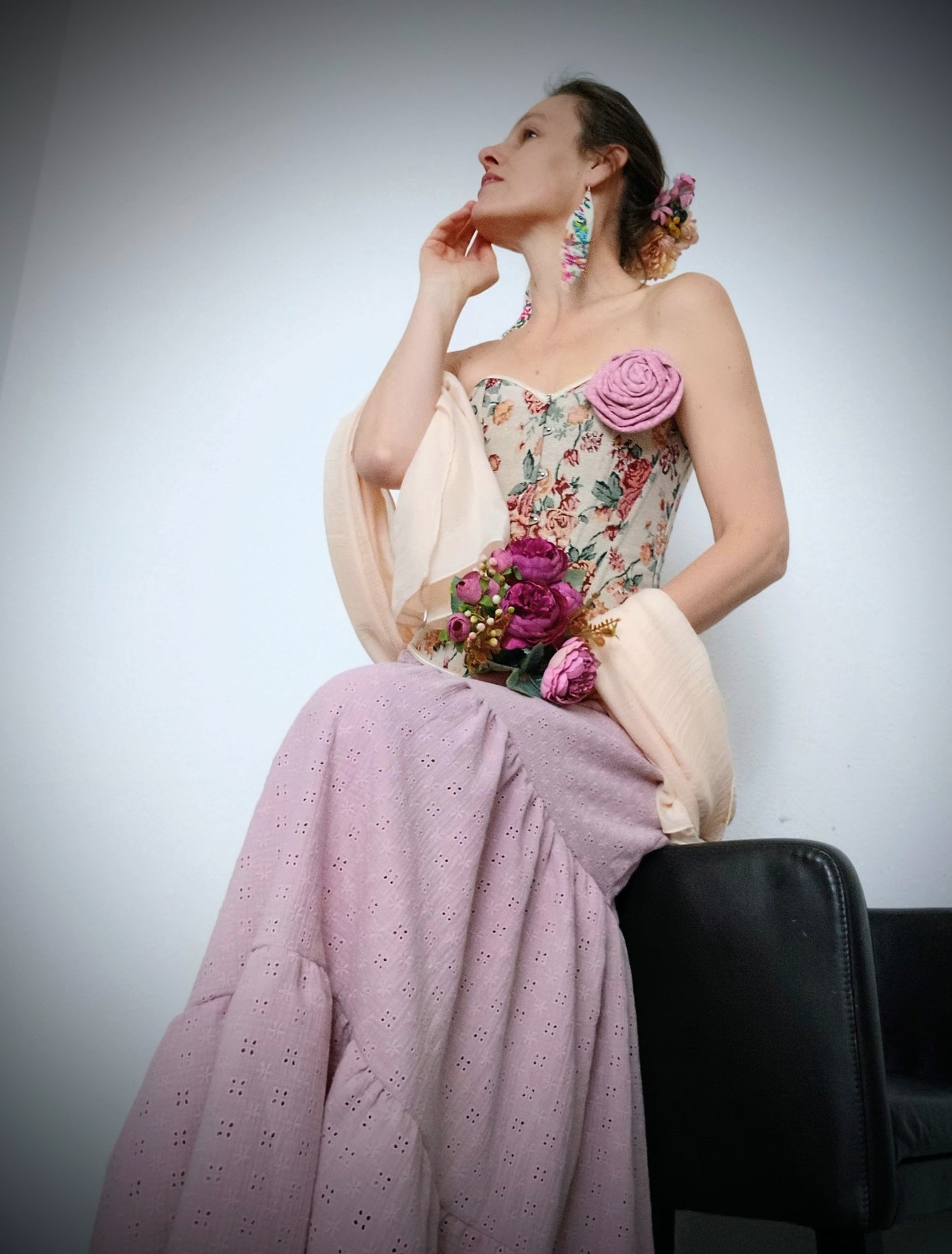 PŘEKRÁSNÁ STARORŮŽOVÁ MADEIRA MUŠELÍN MAXI SUKNĚ