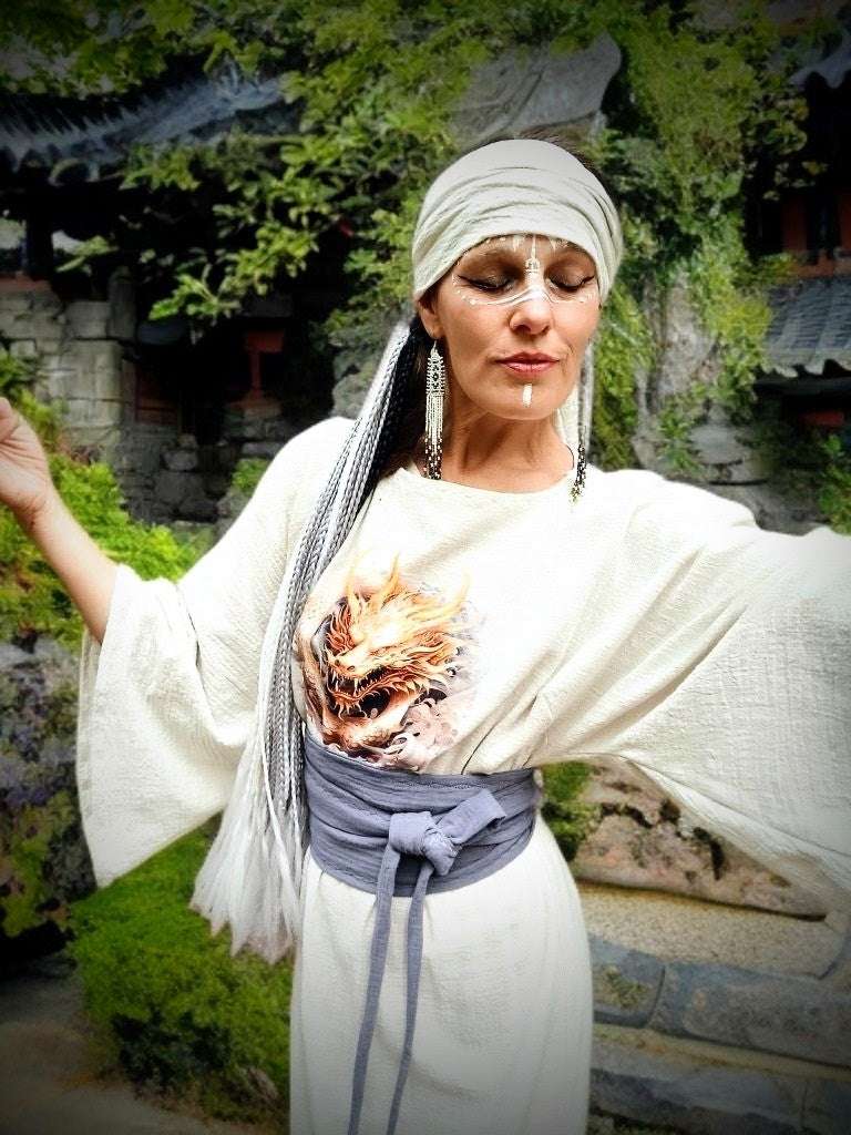 DRAGON ŠATY MĚKČENÝ LEN S OPASKEM