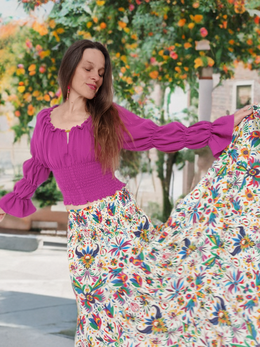 DESIGNOVÁ SUKÝNKA MAXI BOHO MUŠELÍNOVÁ