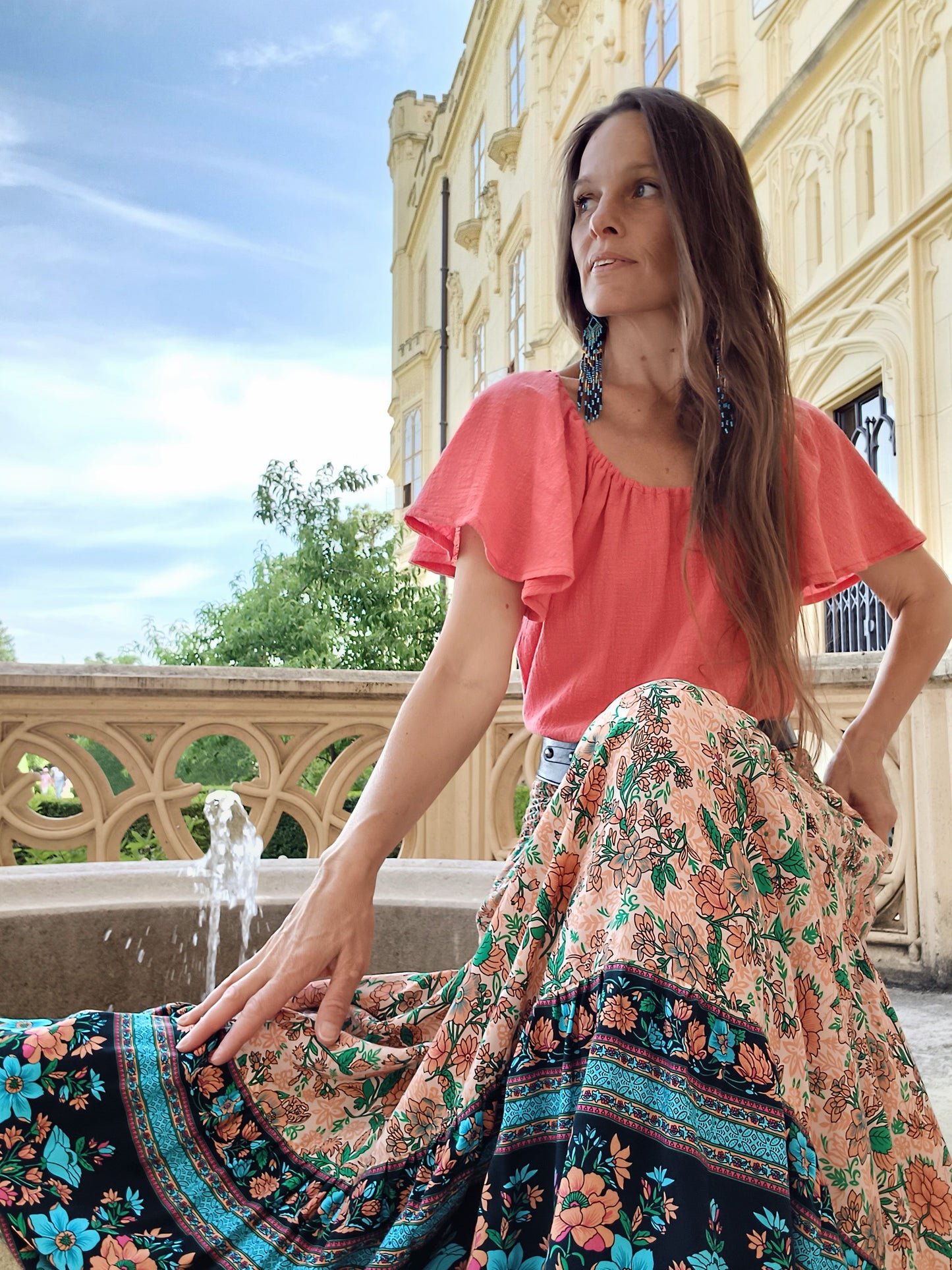 EXLUSÍVNÍ BOHO SUKNĚ S BORDUROU VISKOZA/SATÉN