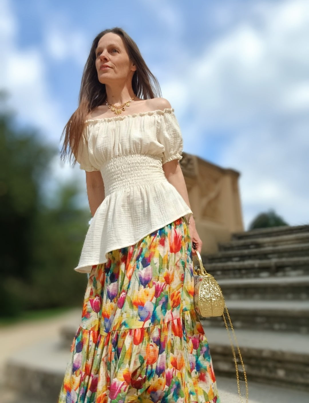 MAXI SUKNĚ MUŠELÍNOVÁ TULIPÁNY