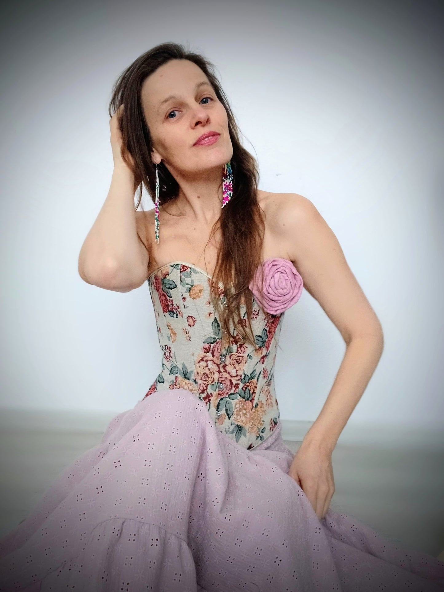 PŘEKRÁSNÁ STARORŮŽOVÁ MADEIRA MUŠELÍN MAXI SUKNĚ