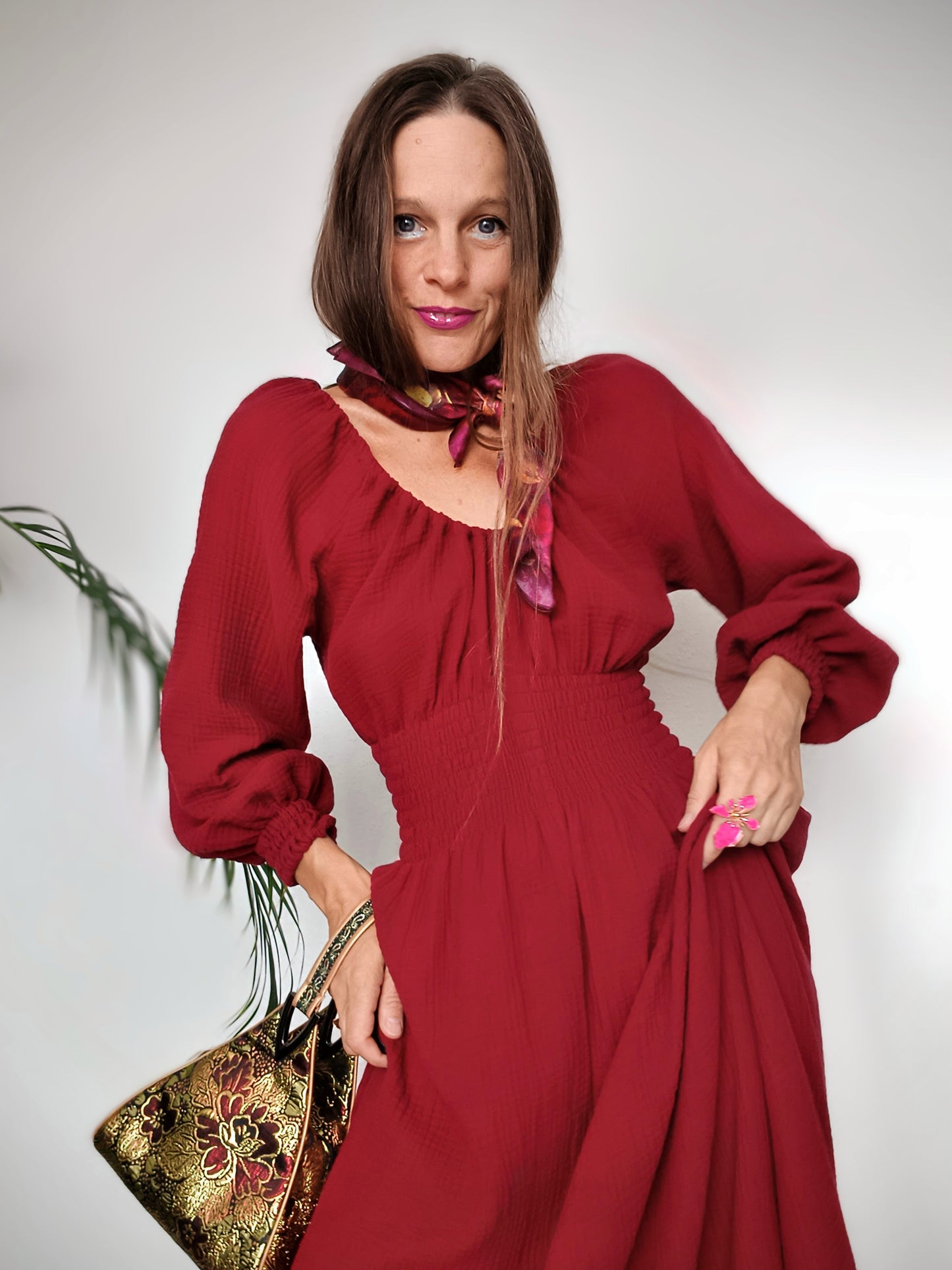RED WINE MAXI ŠATY MUŠELÍN ORGANIC