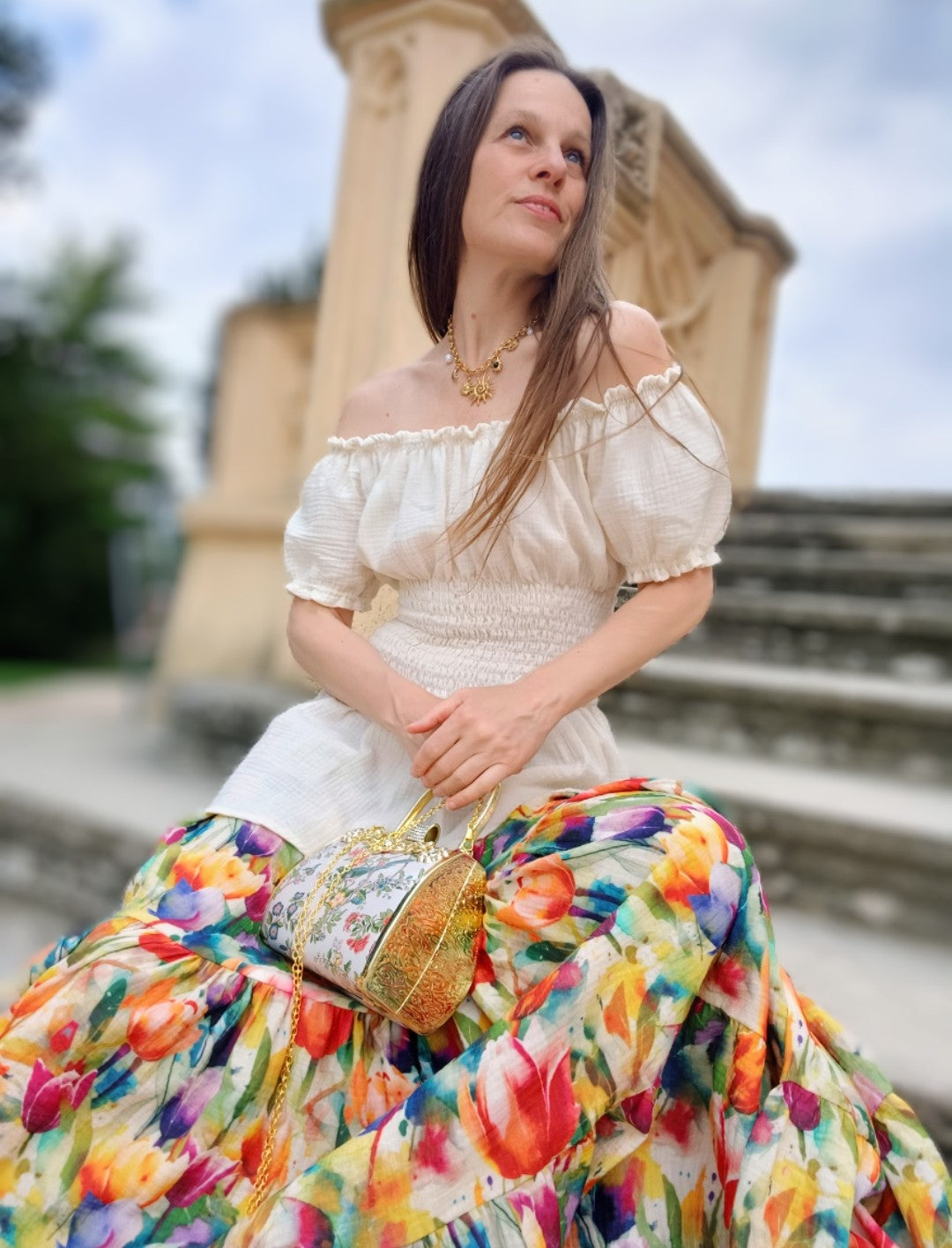 MAXI SUKNĚ MUŠELÍNOVÁ TULIPÁNY