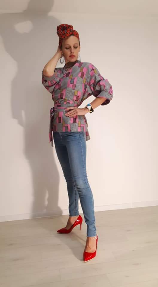 Africká halenka/blouse/ růžová na šedé