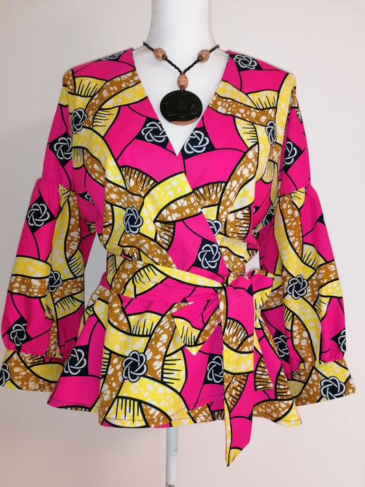 Africká halenka/blouse/ půvabná růžová se žlutou