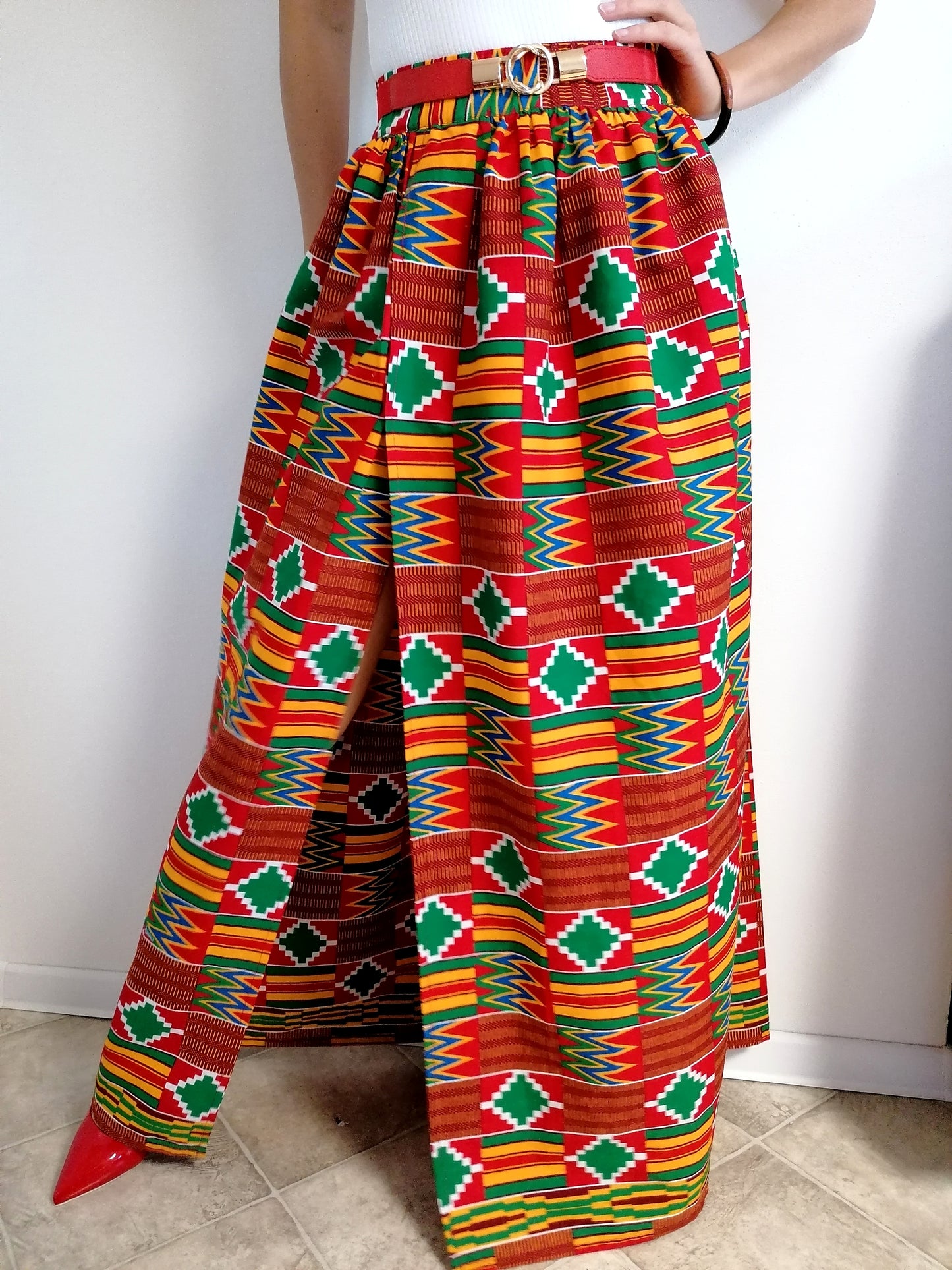 Kente print sukně červená dlouhá s rozparkem