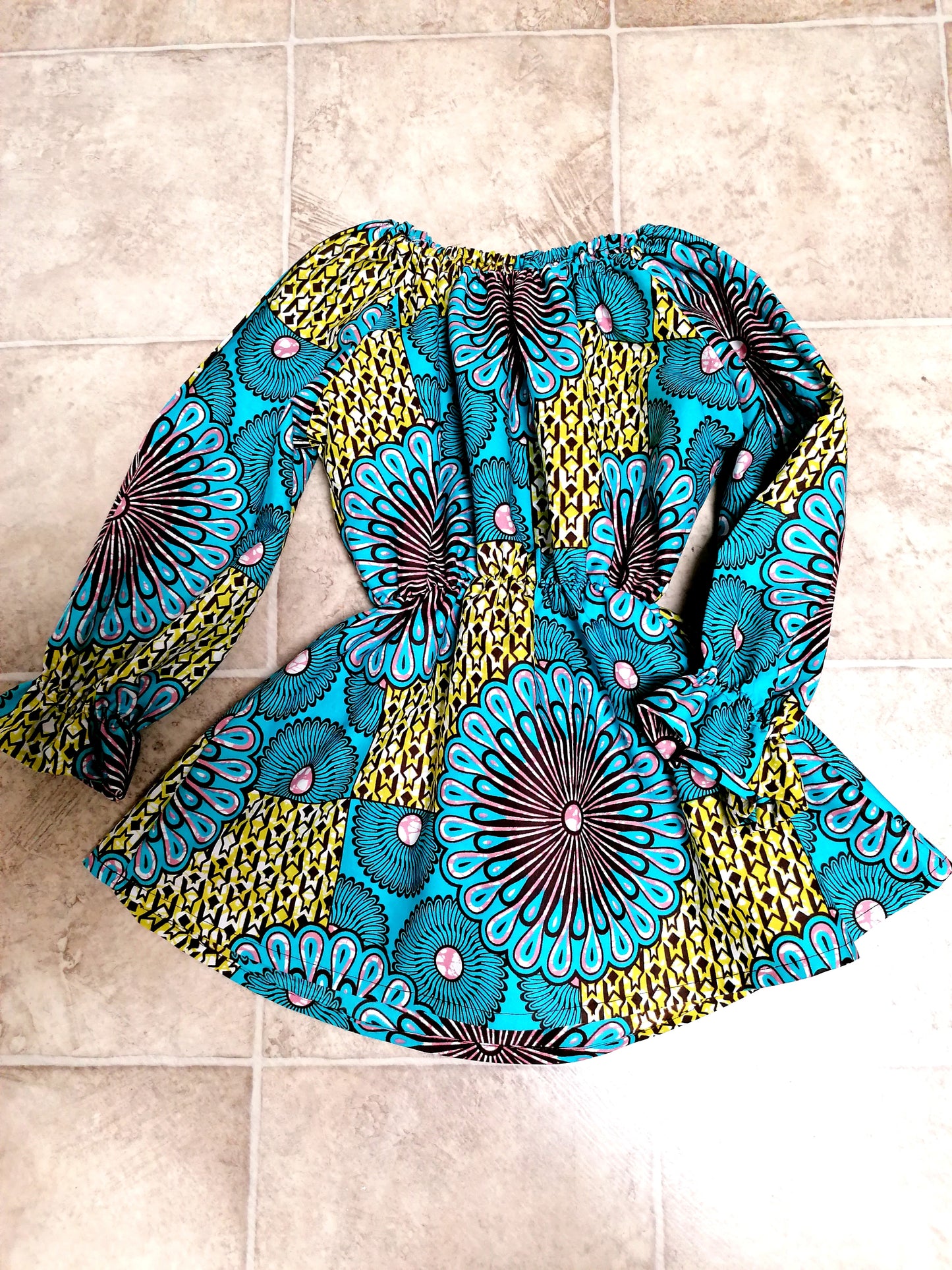 Africká tunika pro holčičky modrá s květy/African tunic for girls blue with flowers