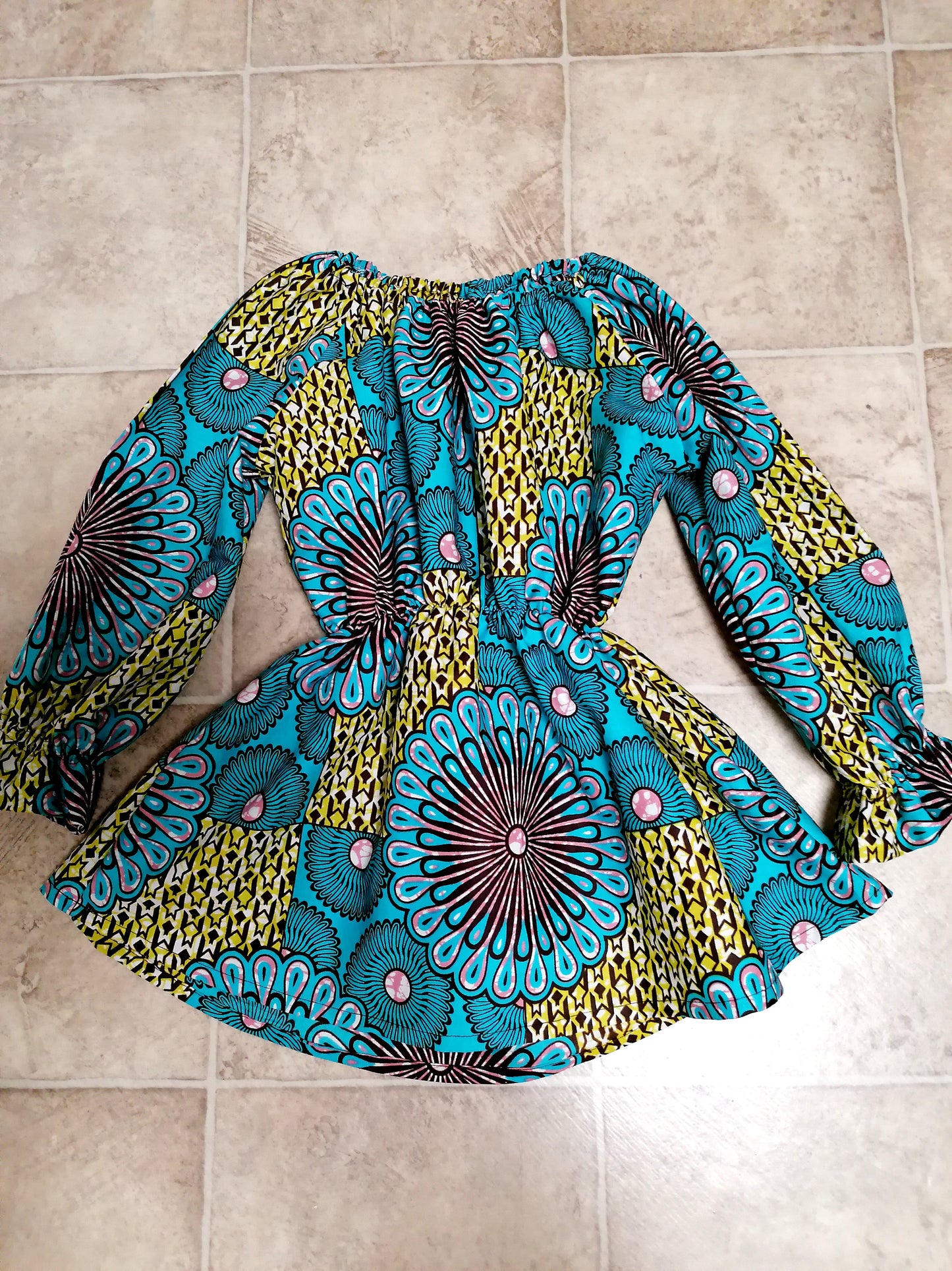 Africká tunika pro holčičky modrá s květy/African tunic for girls blue with flowers