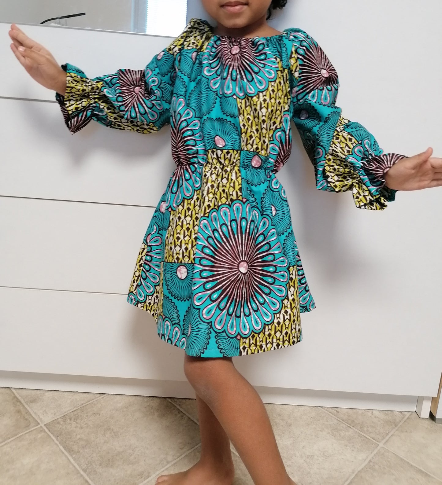 Africká tunika pro holčičky modrá s květy/African tunic for girls blue with flowers