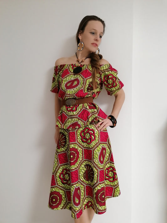 Čtvrkolová sukně africká zeleno růžová