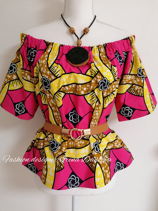 Růžová halenka /blouse /z africké látky s páskem